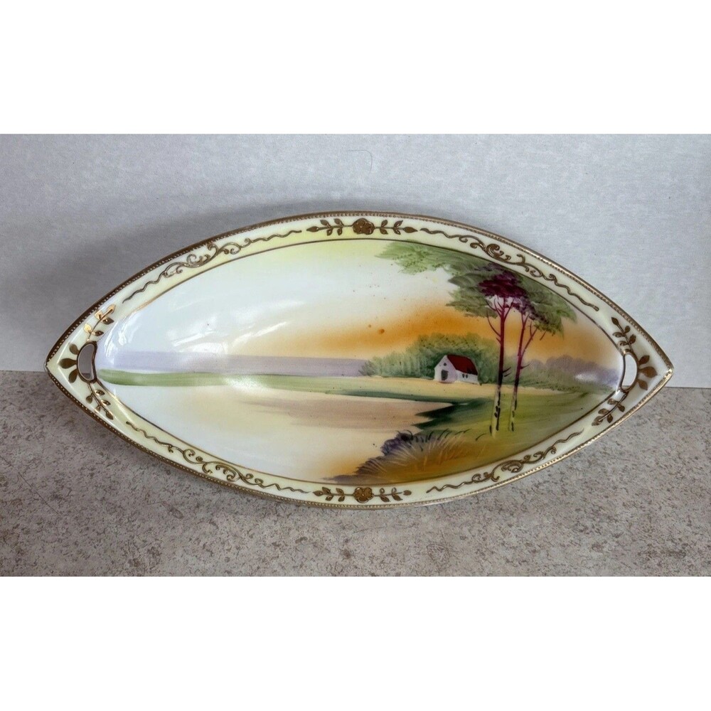 Vtg Meito China Japan Gold Scroll Hand Painted Oval Celery Relish Dish Bowl